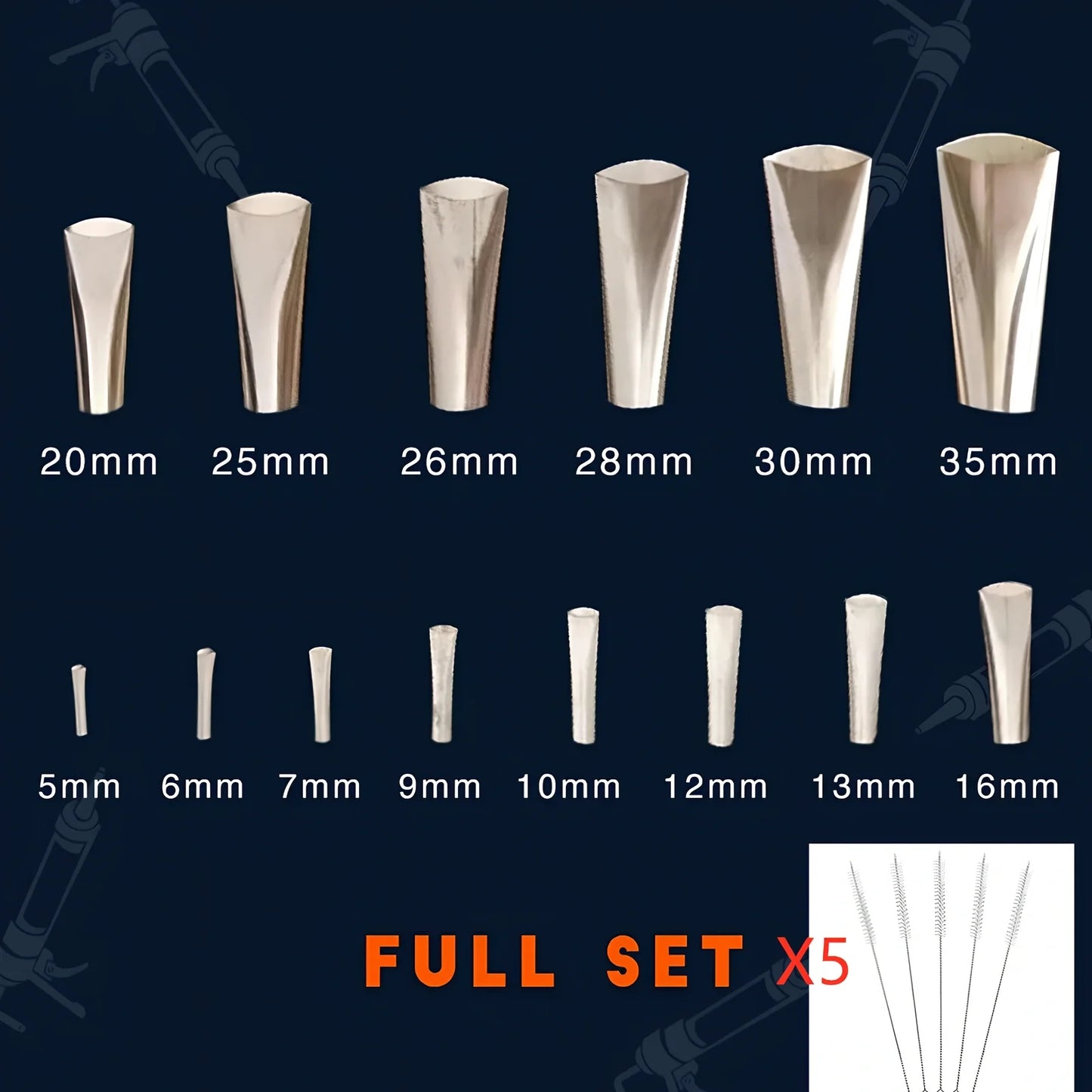 Stainless steel caulking nozzle applicator tool with 14 nozzles sized 5mm to 35mm for precise gap sealing