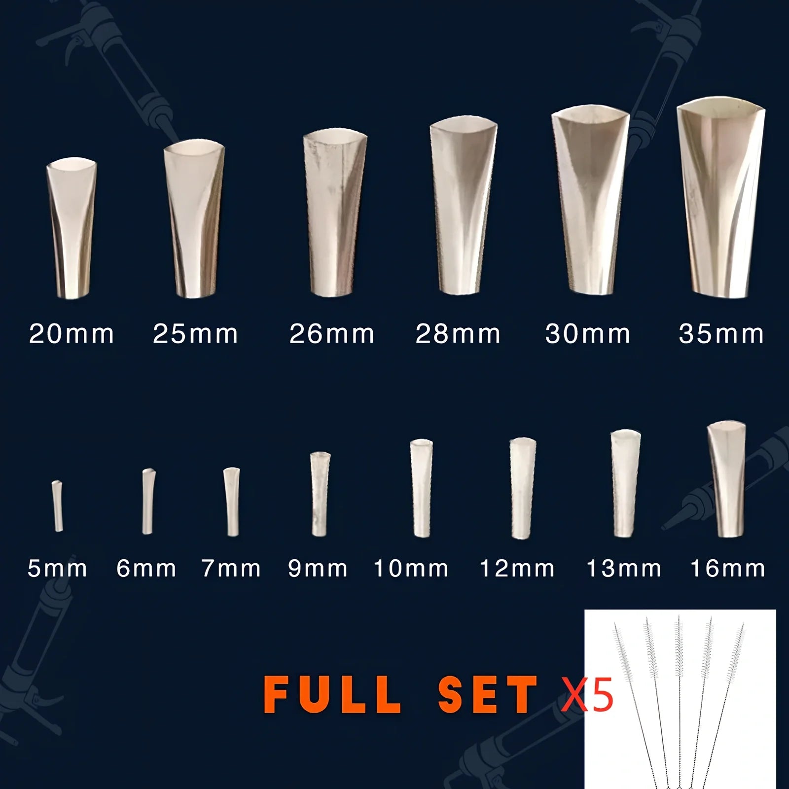 Stainless steel caulking nozzle applicator tool with 14 nozzles sized 5mm to 35mm for precise gap sealing