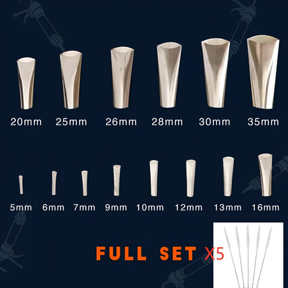 Stainless steel caulking nozzle applicator tool with 14 nozzles sized 5mm to 35mm for precise gap sealing