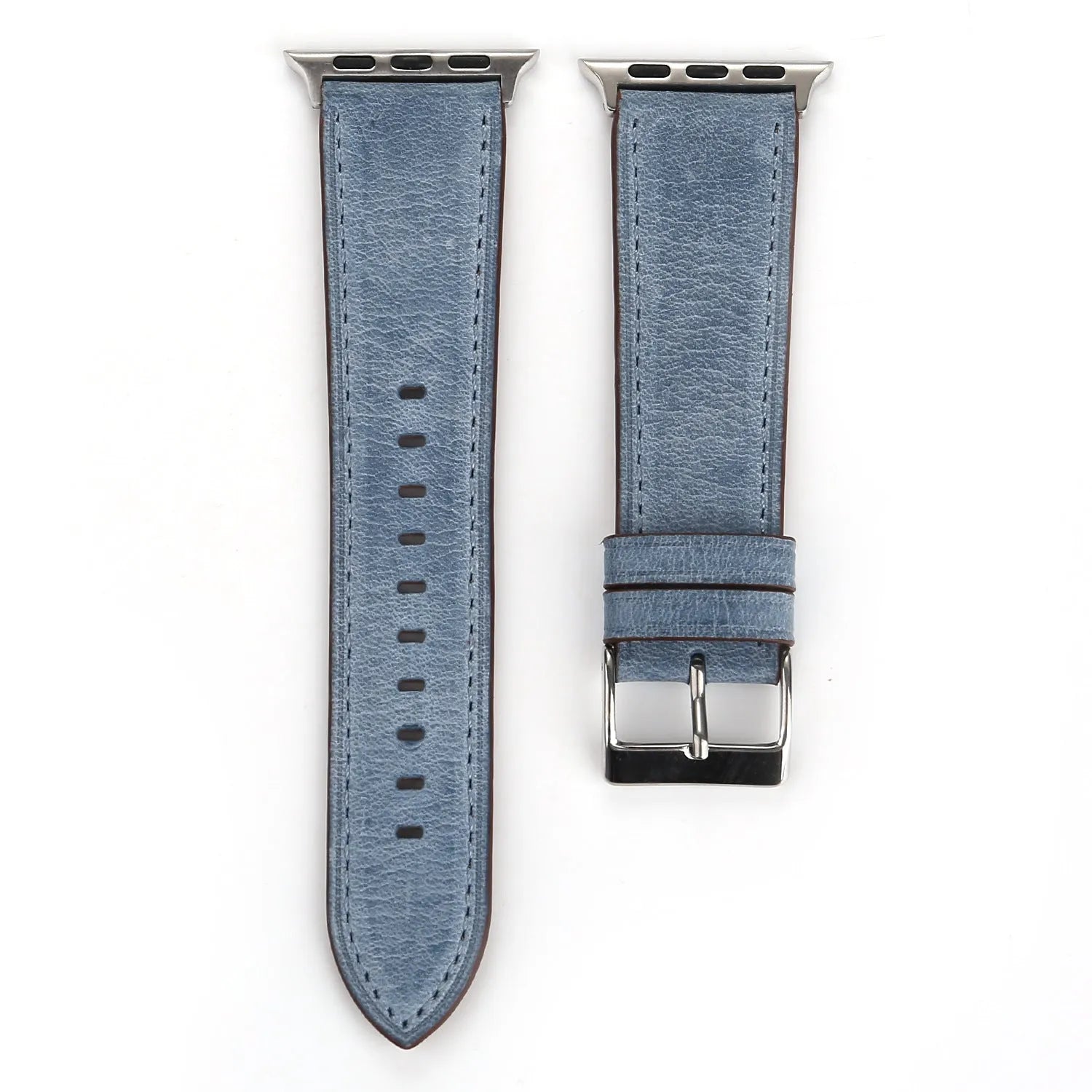 Genuine leather watch strap with folding buckle in blue, shown in 38mm width.