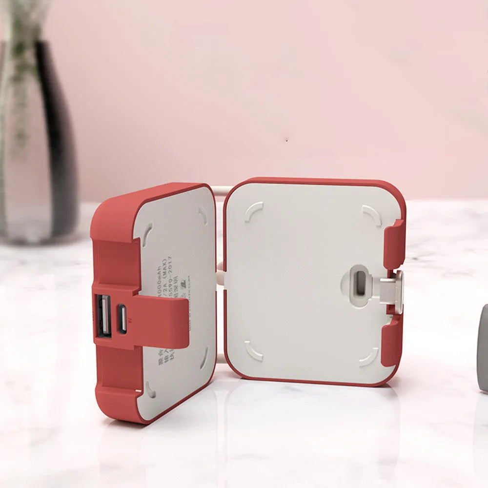 Handbag back clip power bank in blue showing phone stand function and Type-C/Lightning charging ports.