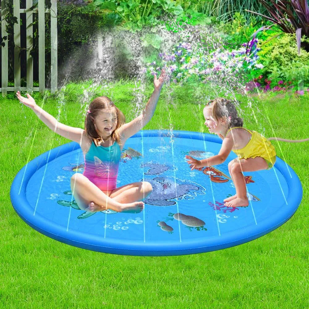 Blue PVC children's water spray play mat with marine animal graphics measuring 100cm by 170cm