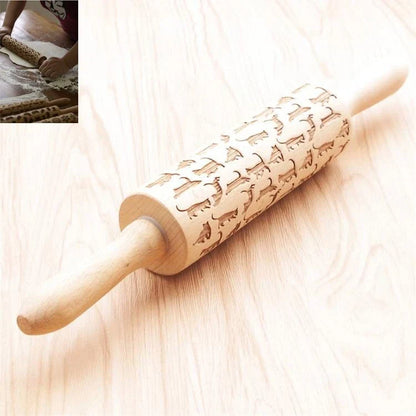 Wooden Christmas embossing rolling pin with non-stick surface for festive baking