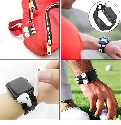 Black silicone protective cover for AirPods with 10cm anti-loss rope, hanging buckle, and earplug sleeves, weighing 36g total