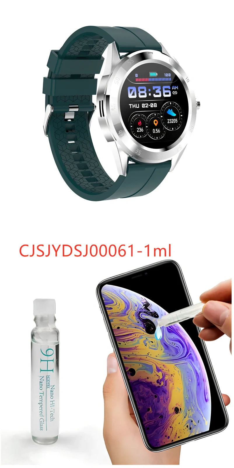 Black 1.2-inch pedometer watch with silicone strap, heart rate sensor, and 32GB storage for step tracking
