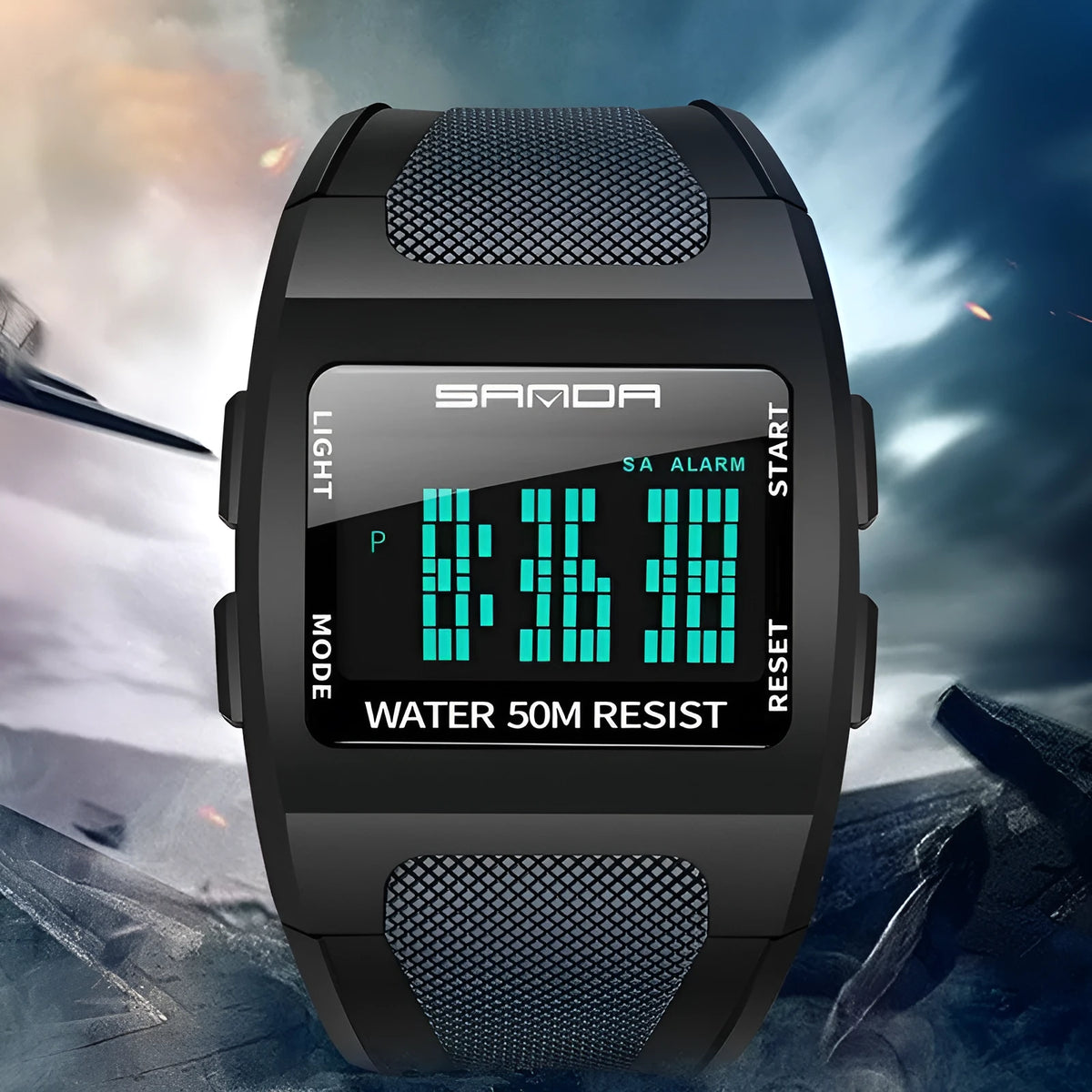 Sanda sports digital watch with black resin strap showing time and date on display