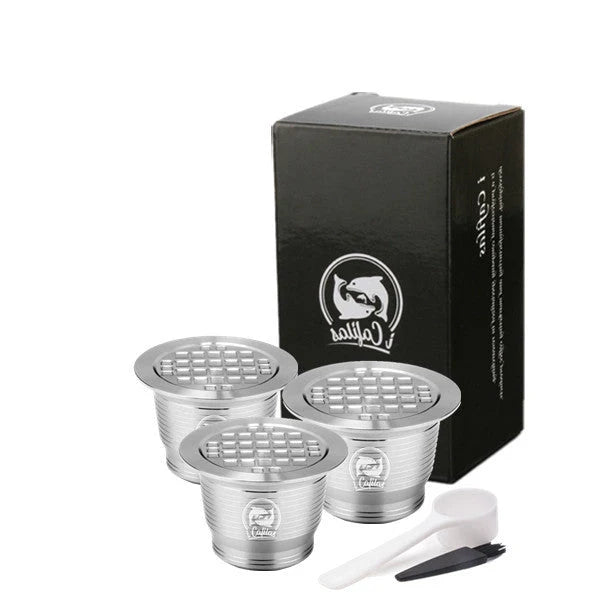 Stainless steel reusable Nespresso coffee capsule with tamper and spoon