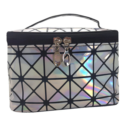 3D laser engraved cosmetic bag in blue, 19cm x 12cm x 13cm, with structured compartments for makeup storage