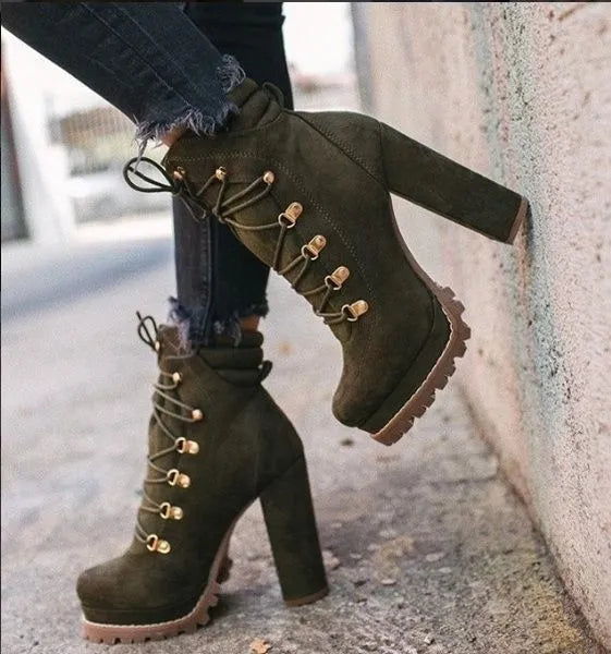 Women's suede high heel ankle boots with thick block heel and waterproof platform sole in army green colour
