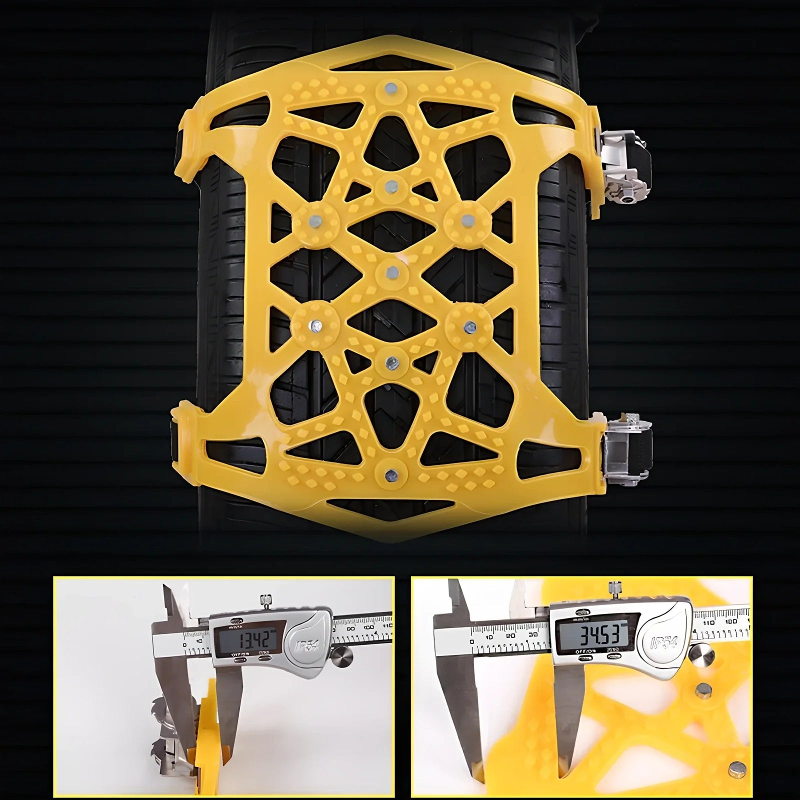 Yellow 3-piece snow tire chains with stainless steel nails for 165-265mm tyres on icy road