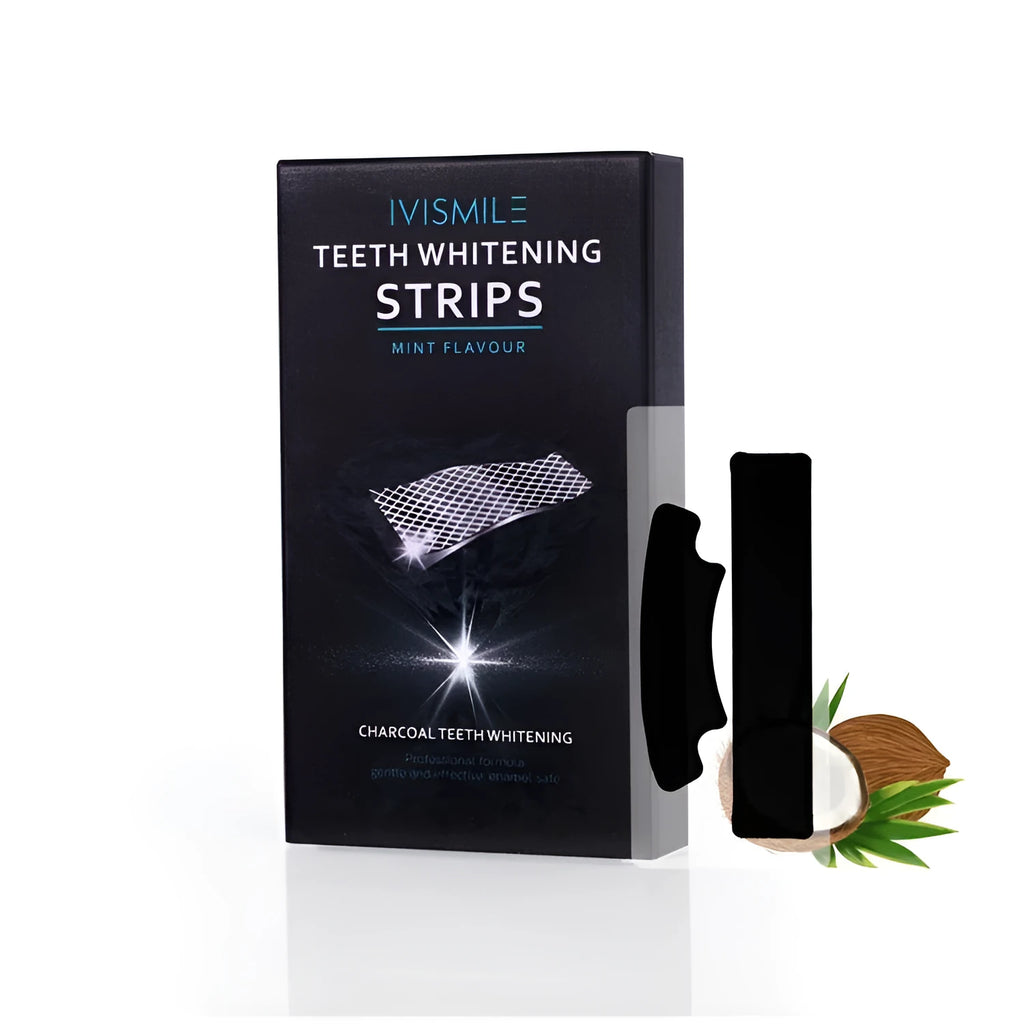 Teeth whitening strips in aluminium film packet with coconut activated carbon and sodium bicarbonate
