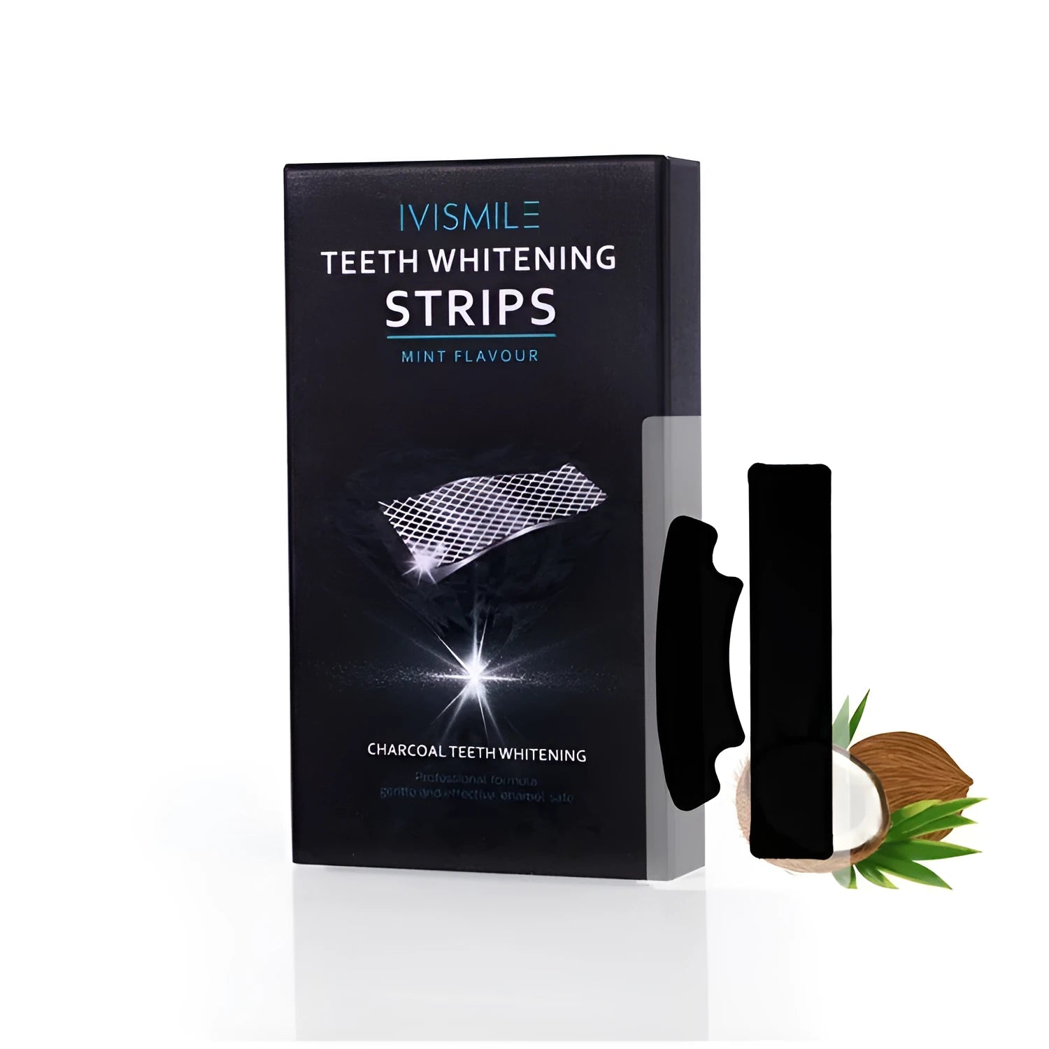 Teeth whitening strips in aluminium film packet with coconut activated carbon and sodium bicarbonate