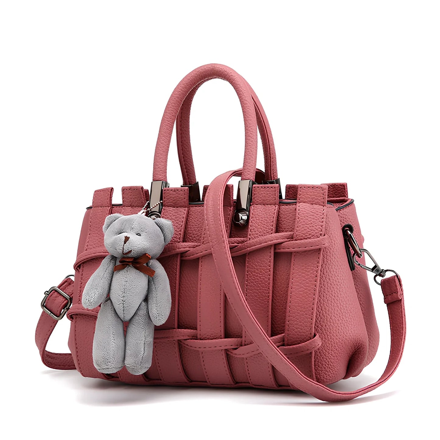 Women's black PU leather shoulder handbag showing four internal organisational compartments and adjustable strap