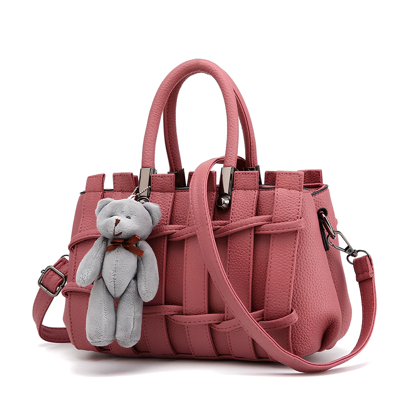 Women's black PU leather shoulder handbag showing four internal organisational compartments and adjustable strap