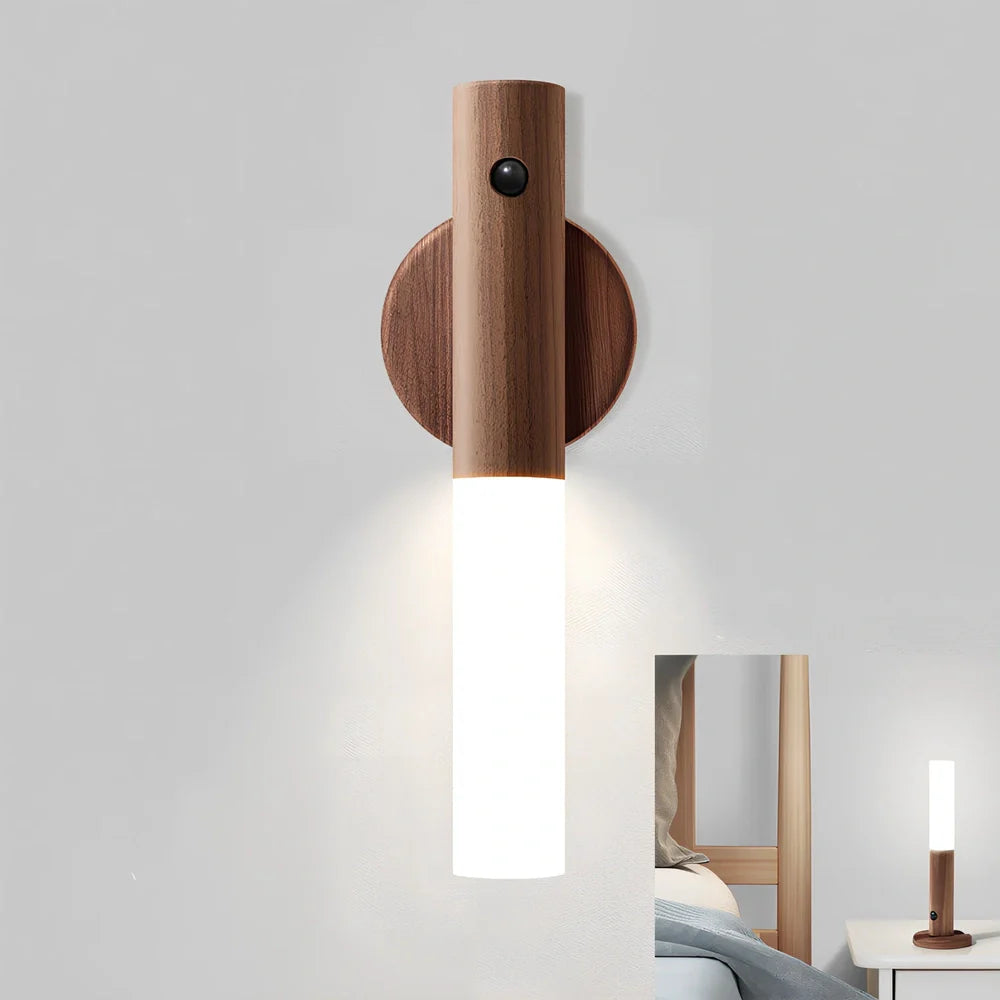 Smart Sensor LED Desk Lamp in coffee wood, 182mm tall with 500mAh battery and warm white 1W light