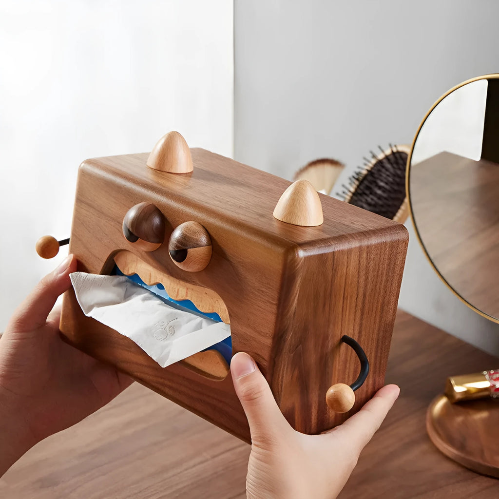 Cartoon Little Monster wooden tissue box in Walnut Beech colour measuring 190mm