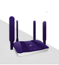 Blue 4G dual-mode wireless router with four extended antennas on a white background.