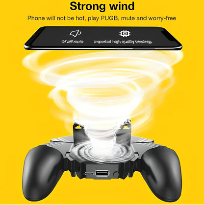 Black AK77 game controller handle with rotatable lever and touch triggers for PUBG on 67-90mm mobiles, 1200mAh battery