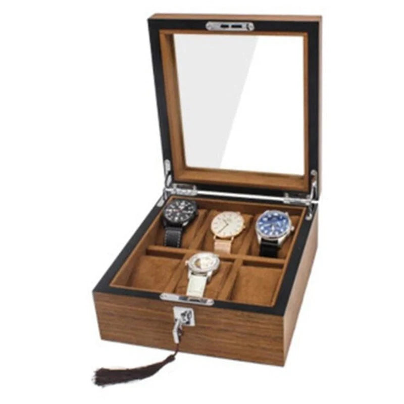 Matte wood grain lock watch storage box with 5 slots, brown finish