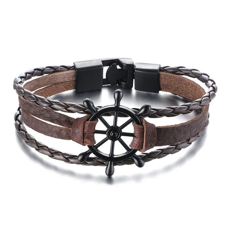 Alloy lucky figure 8 leather bracelet with adjustable leather strap and stainless steel accents