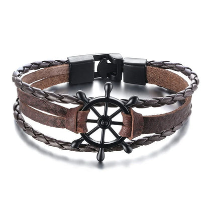 Alloy lucky figure 8 leather bracelet with adjustable leather strap and stainless steel accents
