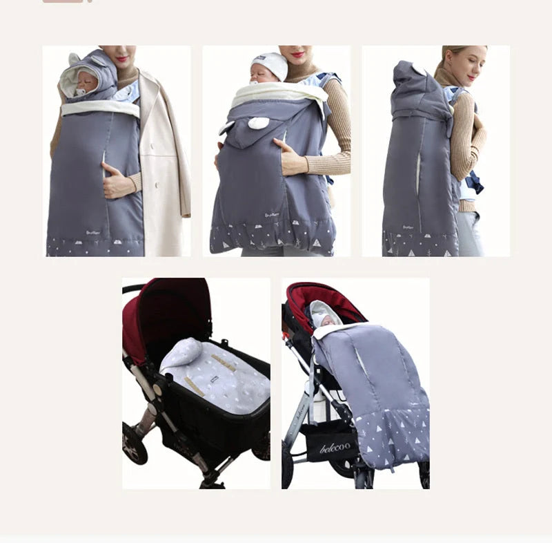 Adjustable warm baby carrier cloak in coral fleece with reflective tape