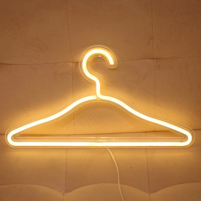LED Neon Light Sign Clothes Stand USB Powered Hanger in white, pink, and warm light options