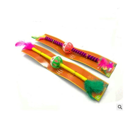 Handmade wooden cat stick toy with hemp feather rope and bell for playful cats