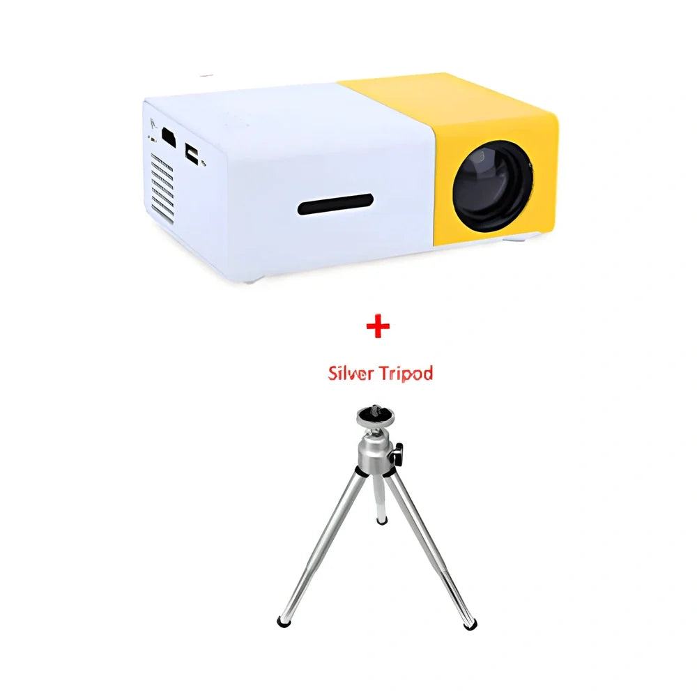 Yellow 1080P LED mini projector with HDMI ports, projecting 80-inch image from 1.2m distance