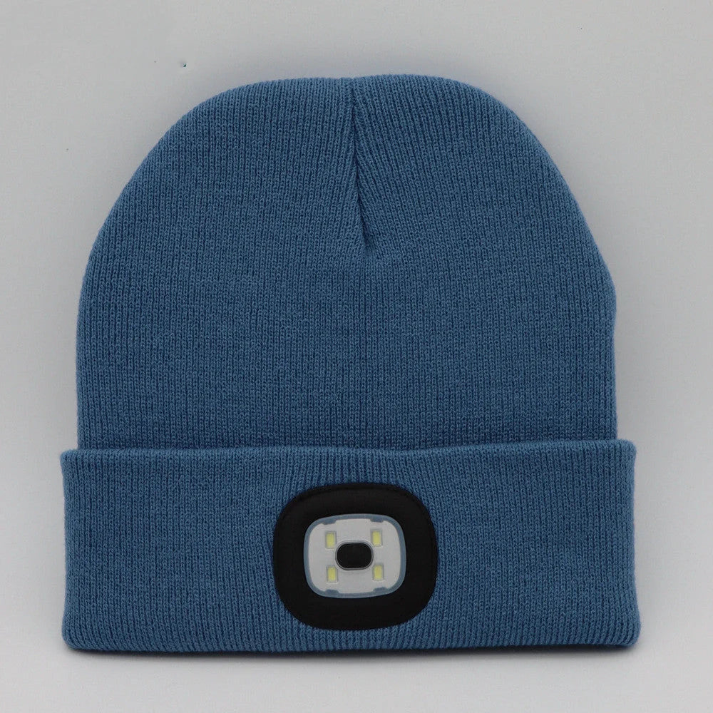 LED knit hat in various colors with integrated light for night safety