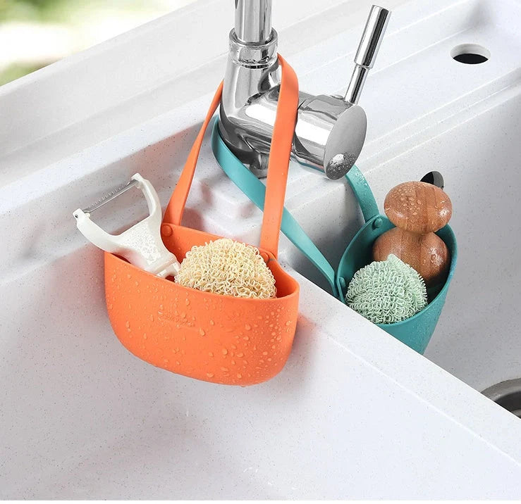 Free punch sink drain bag faucet sponge rack in dark green and orange red