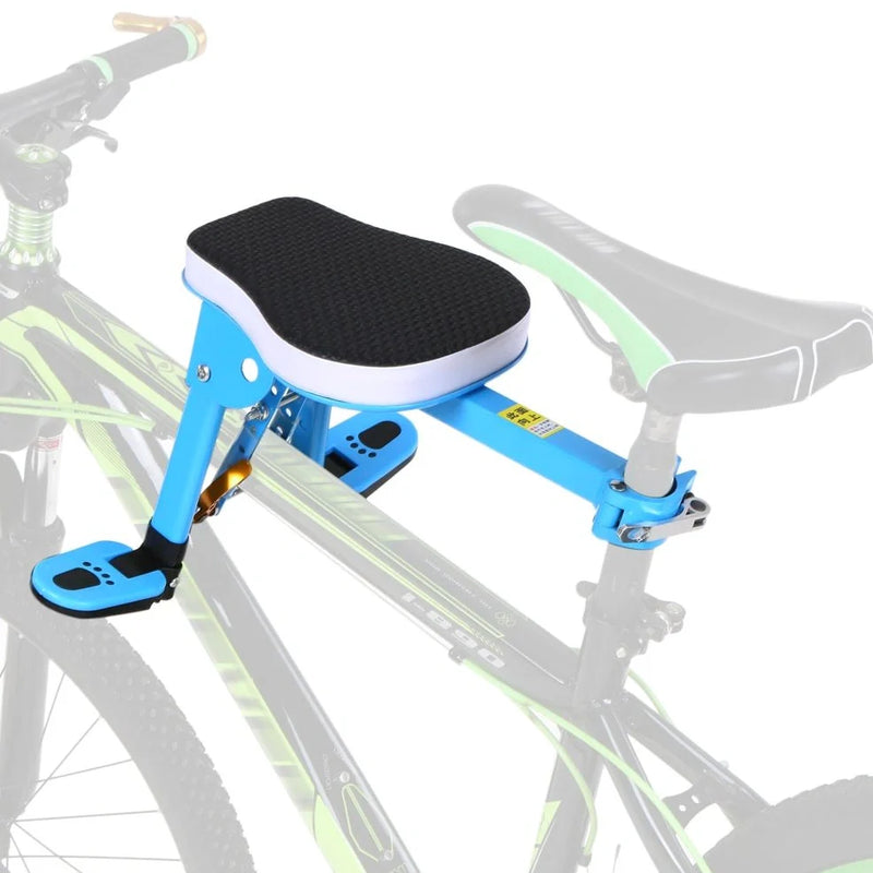 Bicycle child seat with 20kg weight capacity that attaches to seatposts up to 31.8mm, featuring foldable pedals for secure foot support and a thickened cushion for enhanced comfort during family cycling trips