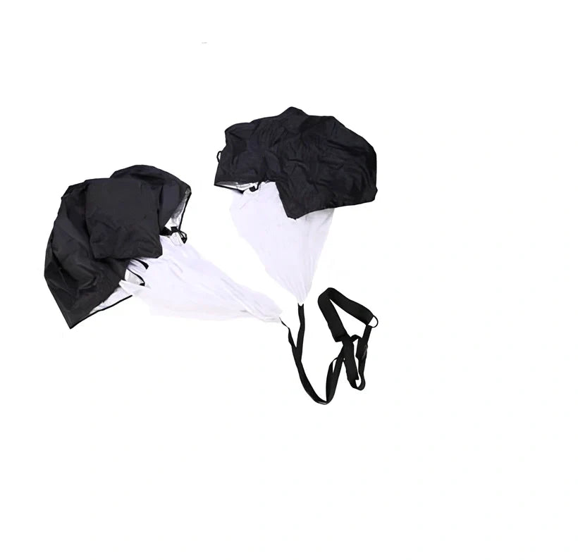 Black 56 inch speed training parachute with adjustable belt providing 15-33 pounds resistance for running