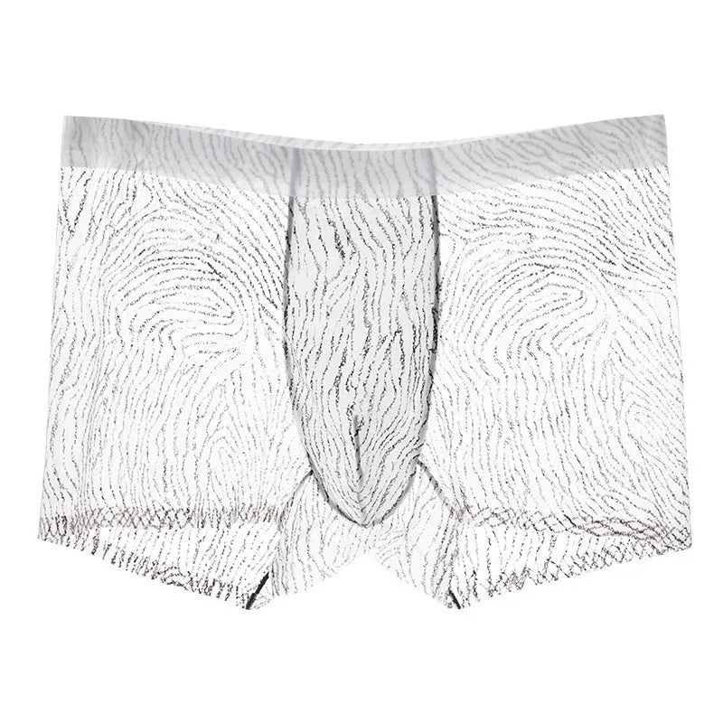 Men's black leopard print ice silk boxers showing mid-waist fit and knitted fabric texture.