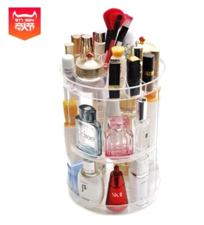 Diamond wave 360 Rotating Makeup Organizer with customizable shelves on a vanity