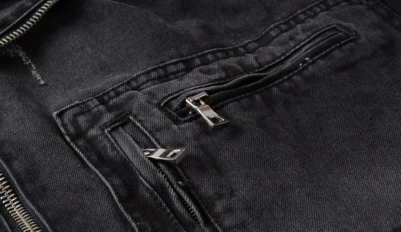 Black slim-fit linen denim jacket with lapel collar and front zipper placket on plain background
