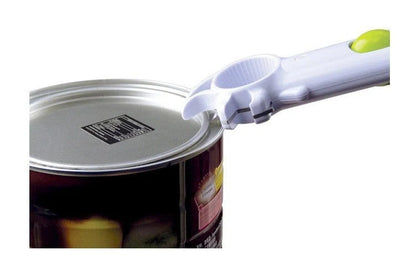 Universal 6-in-1 kitchen tool for opening jars, cans, and bottles in white and green