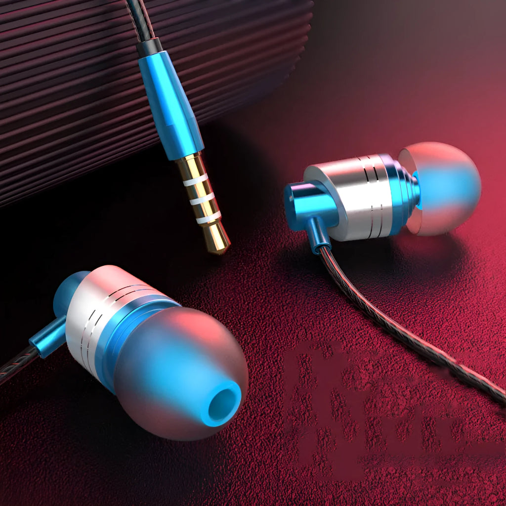 Black in-ear wired headphones with 3.5mm plug, microphone on cable, and silicone ear tips.