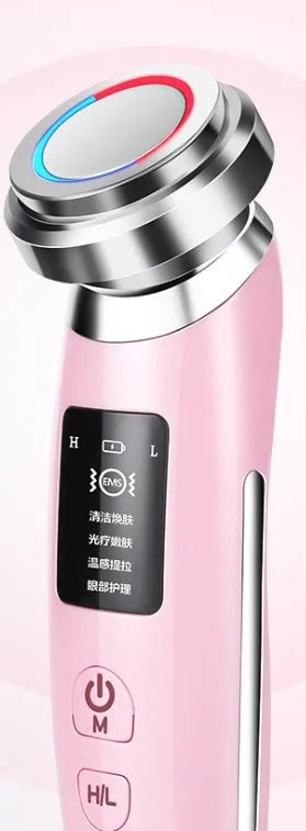 Pink handheld facial cleansing and rejuvenation beauty instrument with micro-current technology
