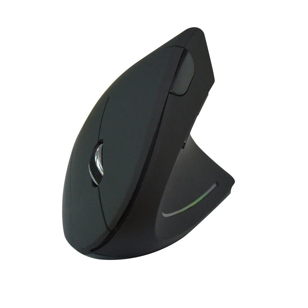 Ergonomic vertical wireless mouse in black and brown with 6 buttons and 10m range