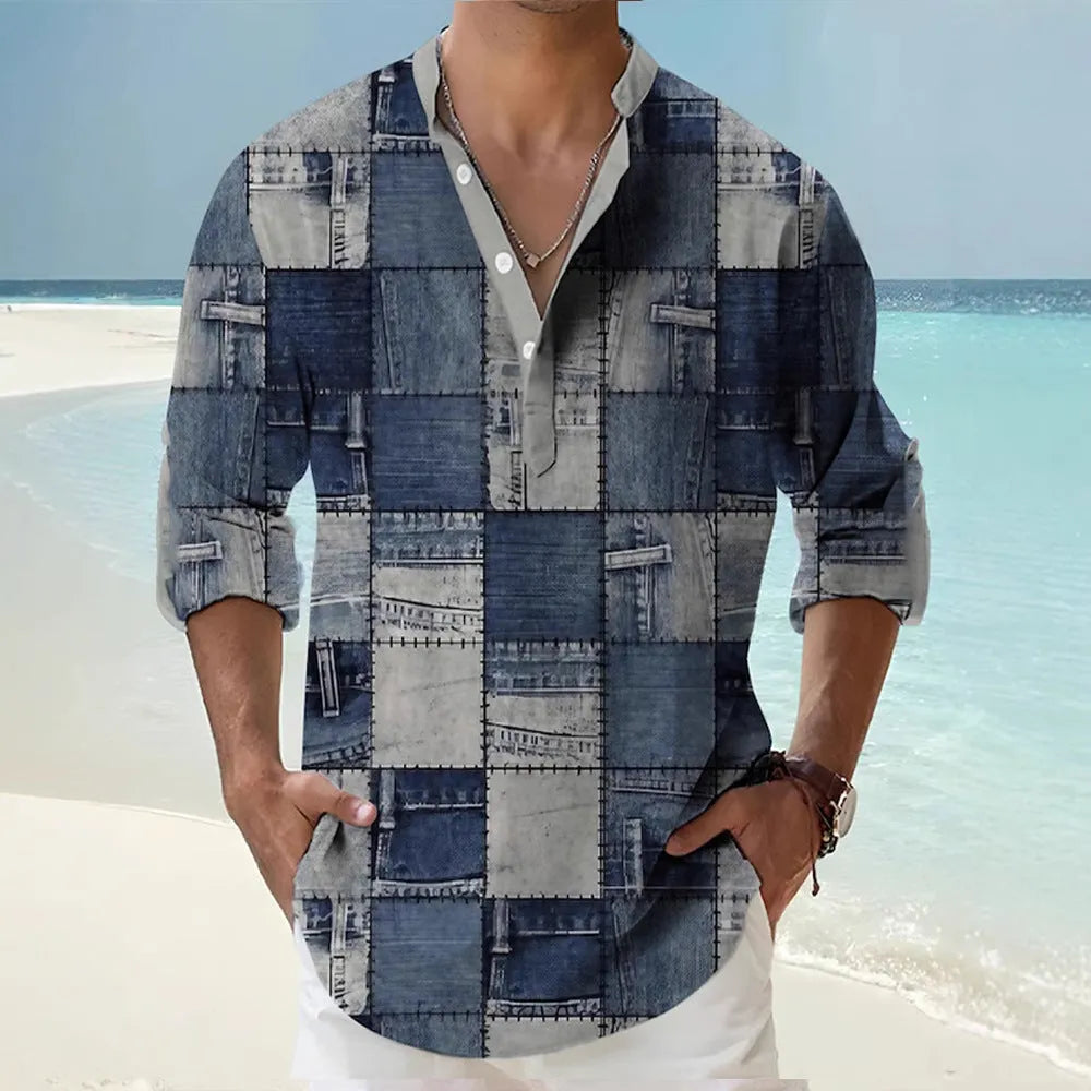 Long sleeve striped Hawaiian shirt in thin digital bamboo linen-look polyester, shown in lilac colour.