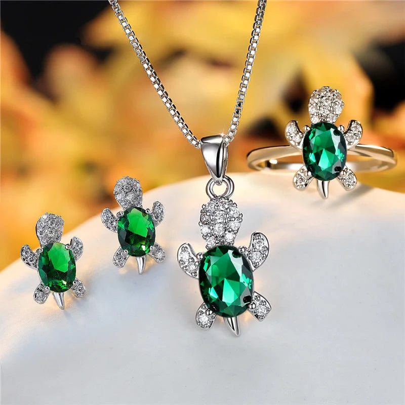 Cartoon Turtle Pendant Rhinestone Necklace with Rainbow Stone for Women and Children