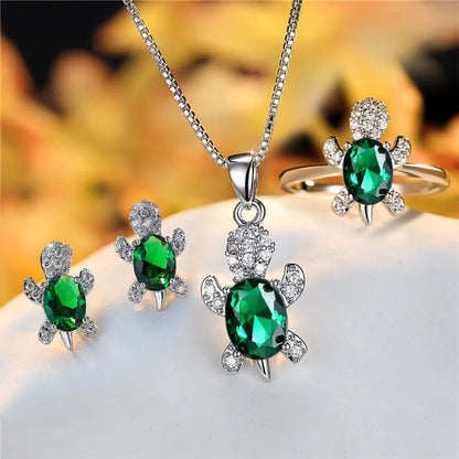Cartoon Turtle Pendant Rhinestone Necklace with Rainbow Stone for Women and Children
