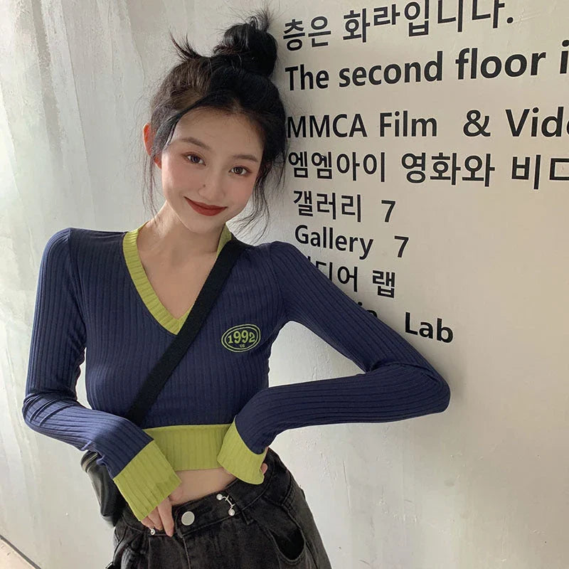 Slim-fit V-neck knit sweater in dark blue with letter pattern and embroidery details