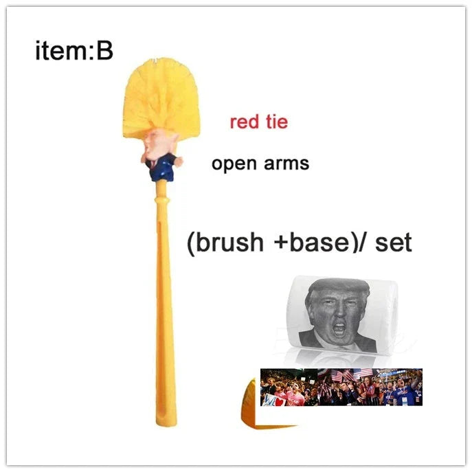 Bright yellow Trump-themed toilet brush with hanging slot