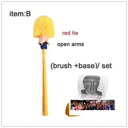 Bright yellow Trump-themed toilet brush with hanging slot
