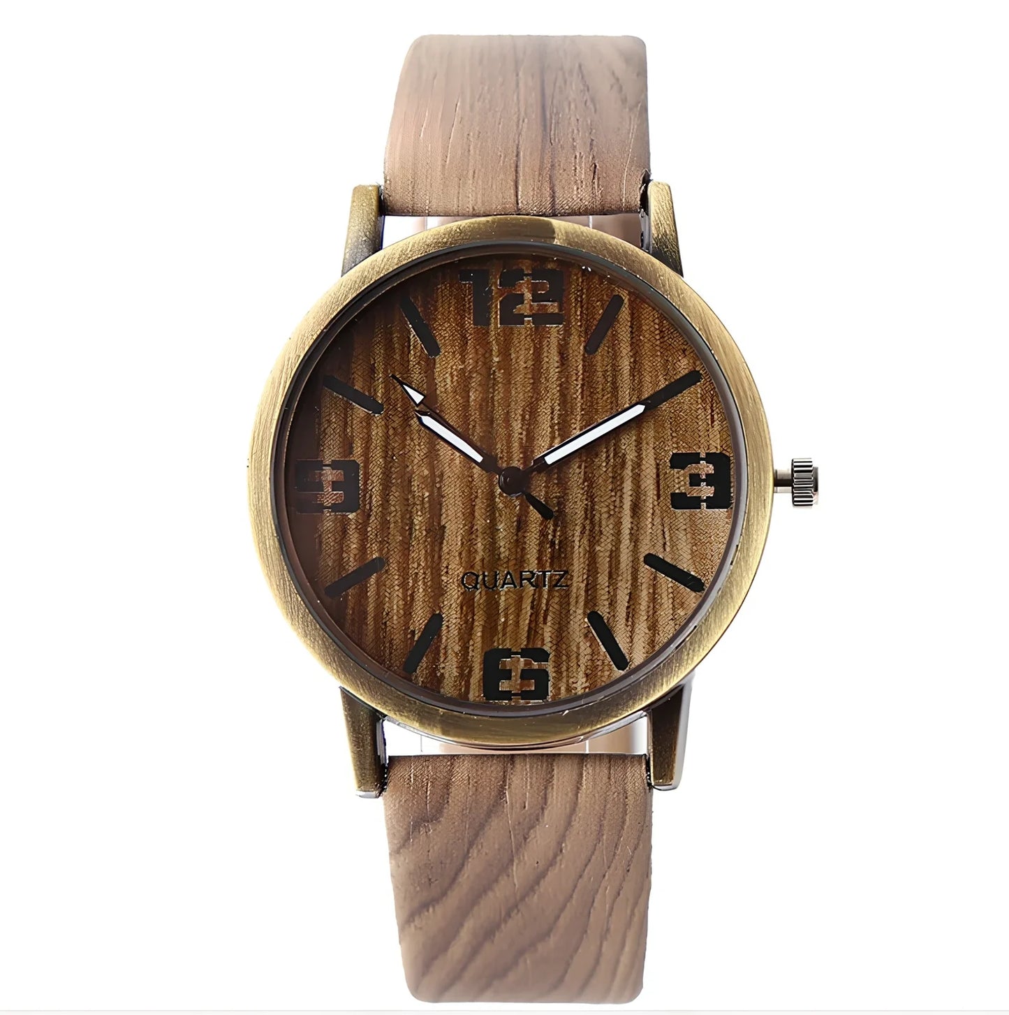 Wood grain style quartz wrist watch with 40.5mm round dial, 11mm thick metal case, and plastic strap - precise timekeeping accessory
