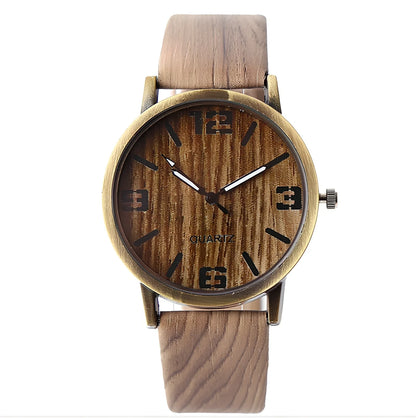 Wood grain style quartz wrist watch with 40.5mm round dial, 11mm thick metal case, and plastic strap - precise timekeeping accessory