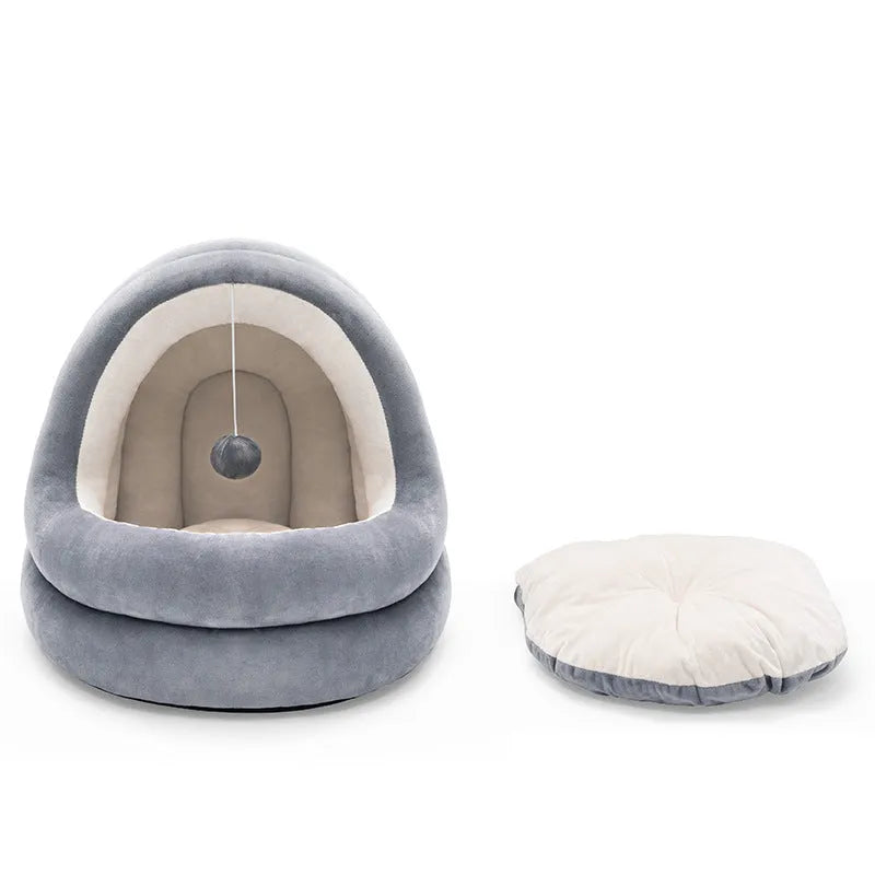 Beige grey crystal velvet cat house bed with removable mattress for kittens and small dogs