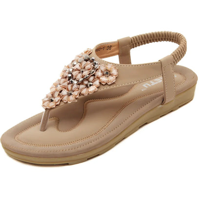 Women's flat sandals in pink with rhinestone flowers, elastic ankle strap, PU upper, size 38, 0-3cm heel for summer casual wear